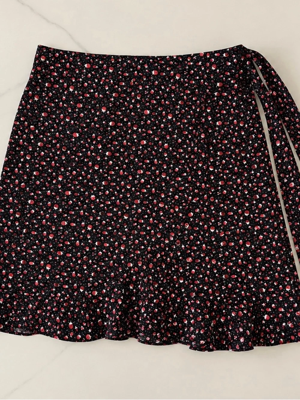 LOFT Black Floral Circle Skirt with Red and Pink Dots